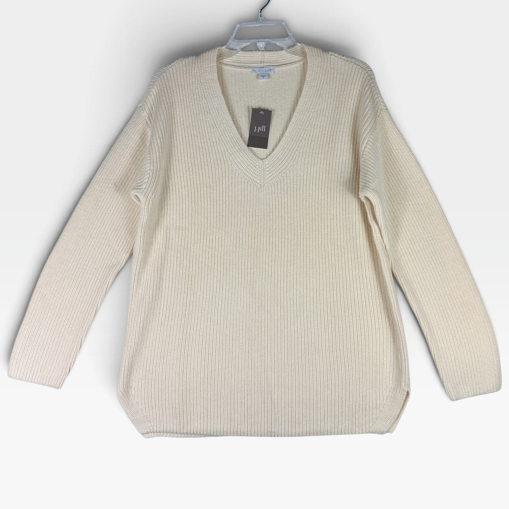 J. Jill V-Neck Shaker Knit Sweater Womens M Vanilla Cream Ribbed Cotton NWT